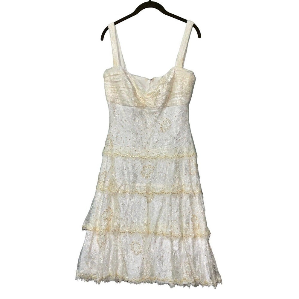 Tadashi Womenâs Beaded Sequins Layered Tiered Gold Sheath Dress Size 10